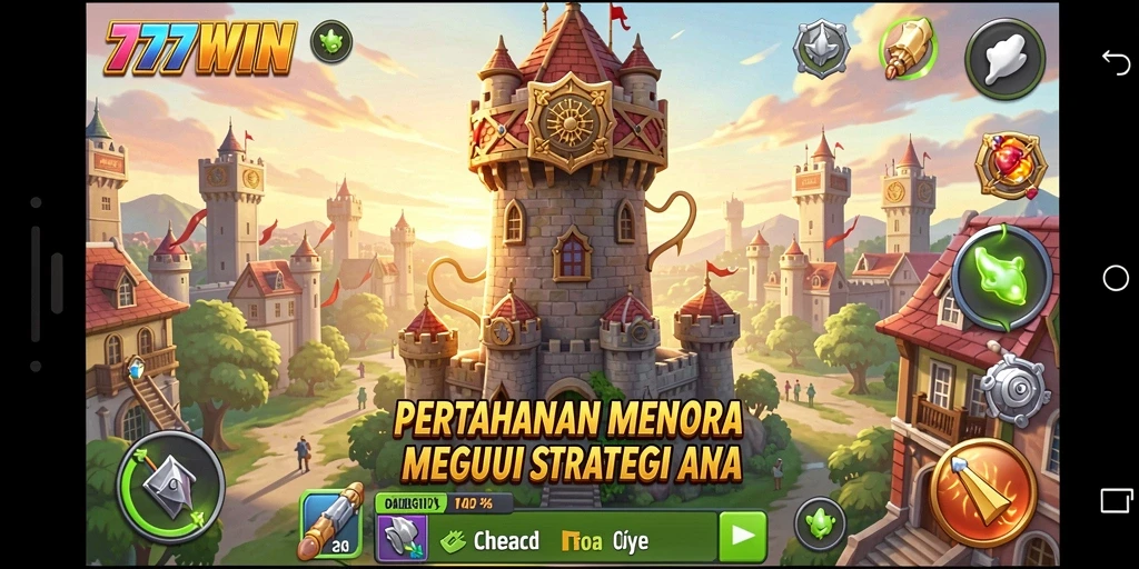 Screenshot gameplay <strong>777WIN</strong> menampilkan pertahanan menara yang strategis.