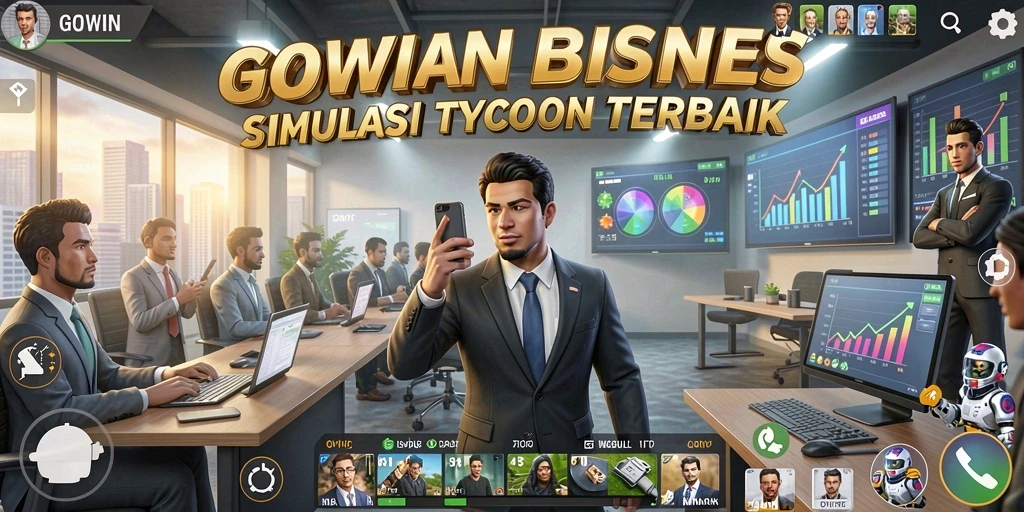 Tampilan gameplay GOWIN yang menampilkan manajemen bisnis Tycoon.