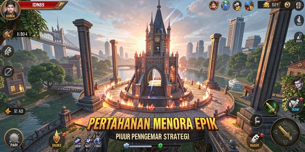 Screenshot gameplay IDN89 yang menunjukkan pertahanan menara yang kuat.