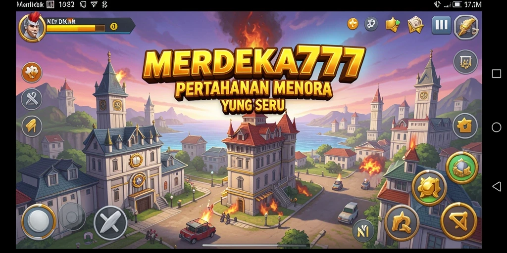 Tangkapan layar permainan <strong>MERDEKA777</strong> menampilkan aksi pertahanan menara yang seru.