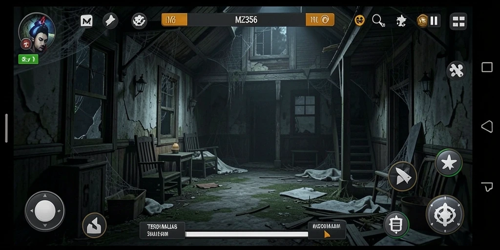Screenshot gameplay MZ356 menampilkan suasana mencekam dalam rumah tua.