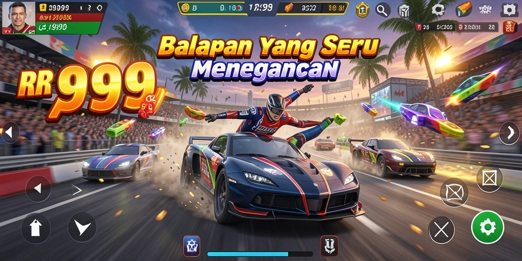 Tampilan gameplay RR999 yang mendebarkan dengan mobil balap yang cepat.