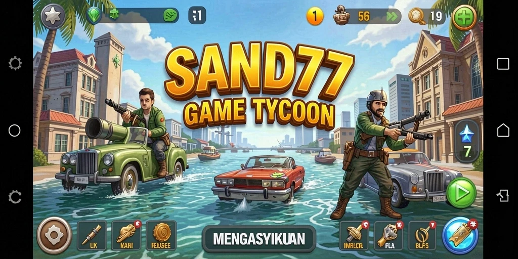 Tampilan gameplay SAND77 yang menampilkan manajemen bisnis yang menarik.