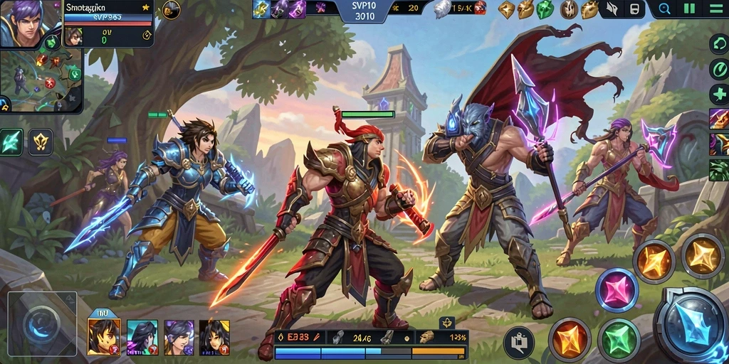 Gameplay MOBA SVIP10 dengan aksi yang penuh strategi dan kolaborasi tim.